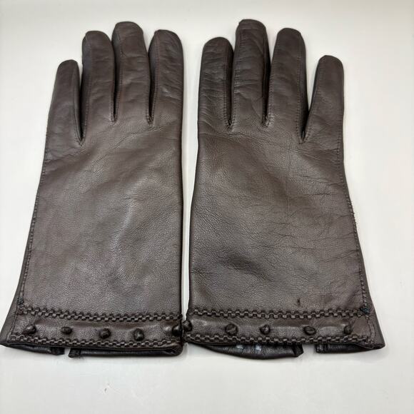 VTG Leather Gloves Sz 7 Brown Knit Fabric Lined Unbranded Braided Embellished - Picture 2 of 10